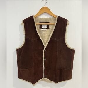 Vintage Steer Brand Leather Sherpa Lined Brown Snap Closure Vest Size Large